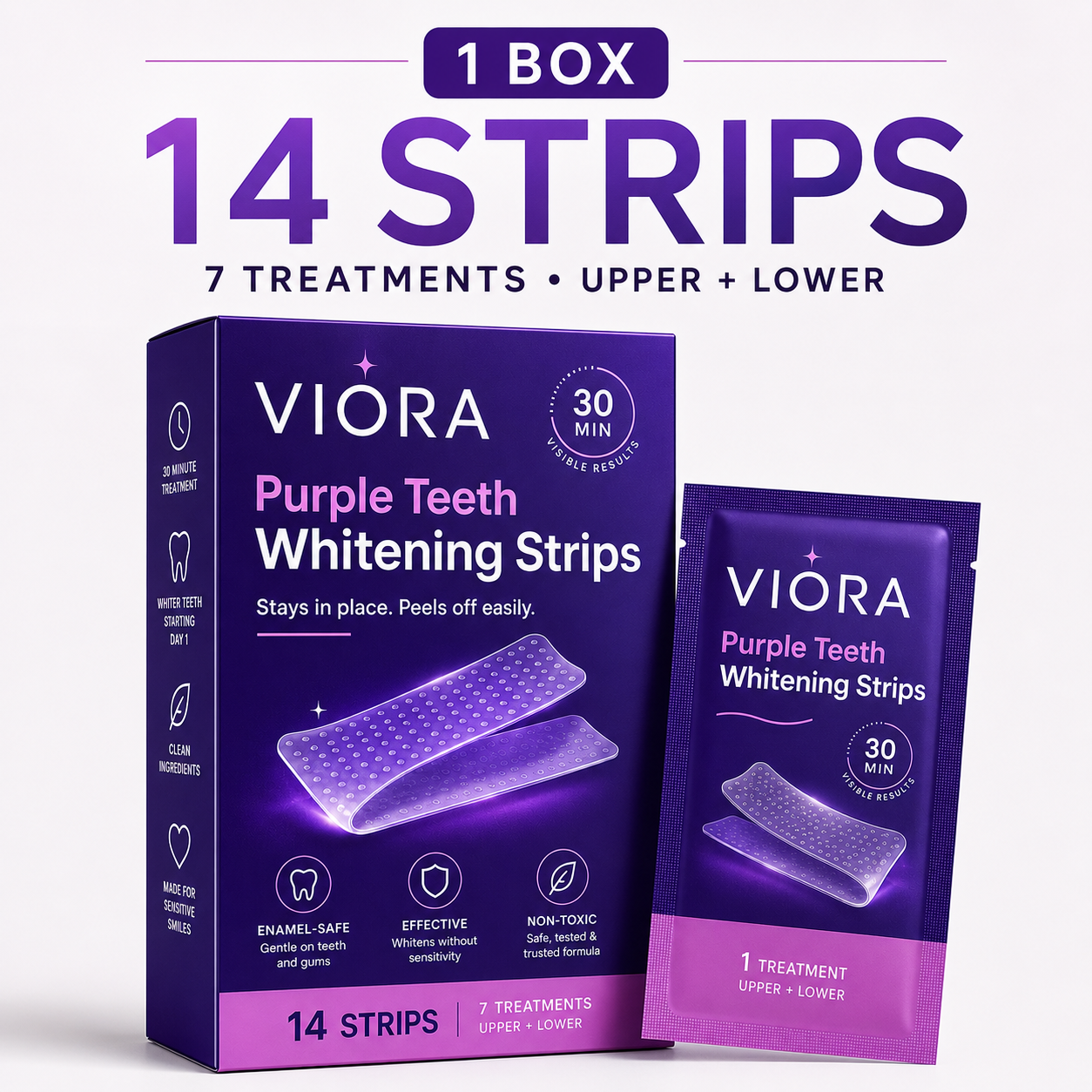 Viora™ Purple Teeth Whitening Strips – 30-Minute At-Home Whitening Treatment