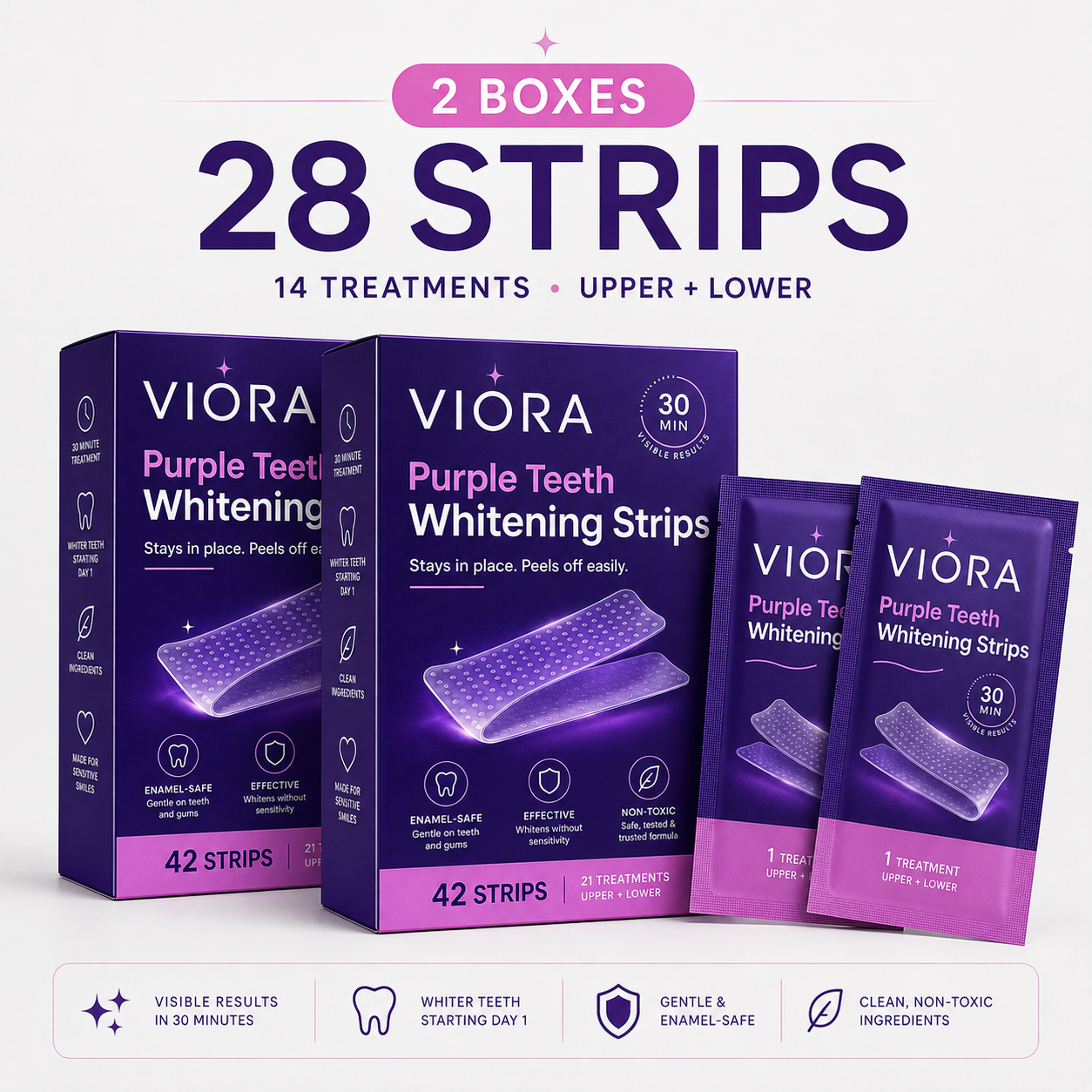 Viora™ Purple Teeth Whitening Strips – 30-Minute At-Home Whitening Treatment