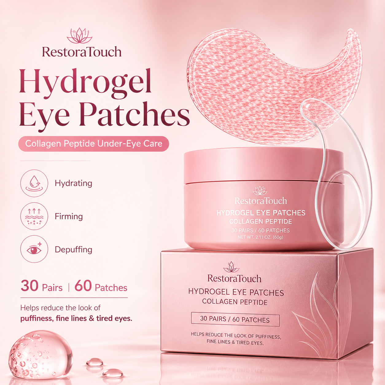 RestoraTouch Hydrogel Eye Patches for Under Eye - Collagen Peptide, Anti Wrinkle & Fine Lines (60 Count)