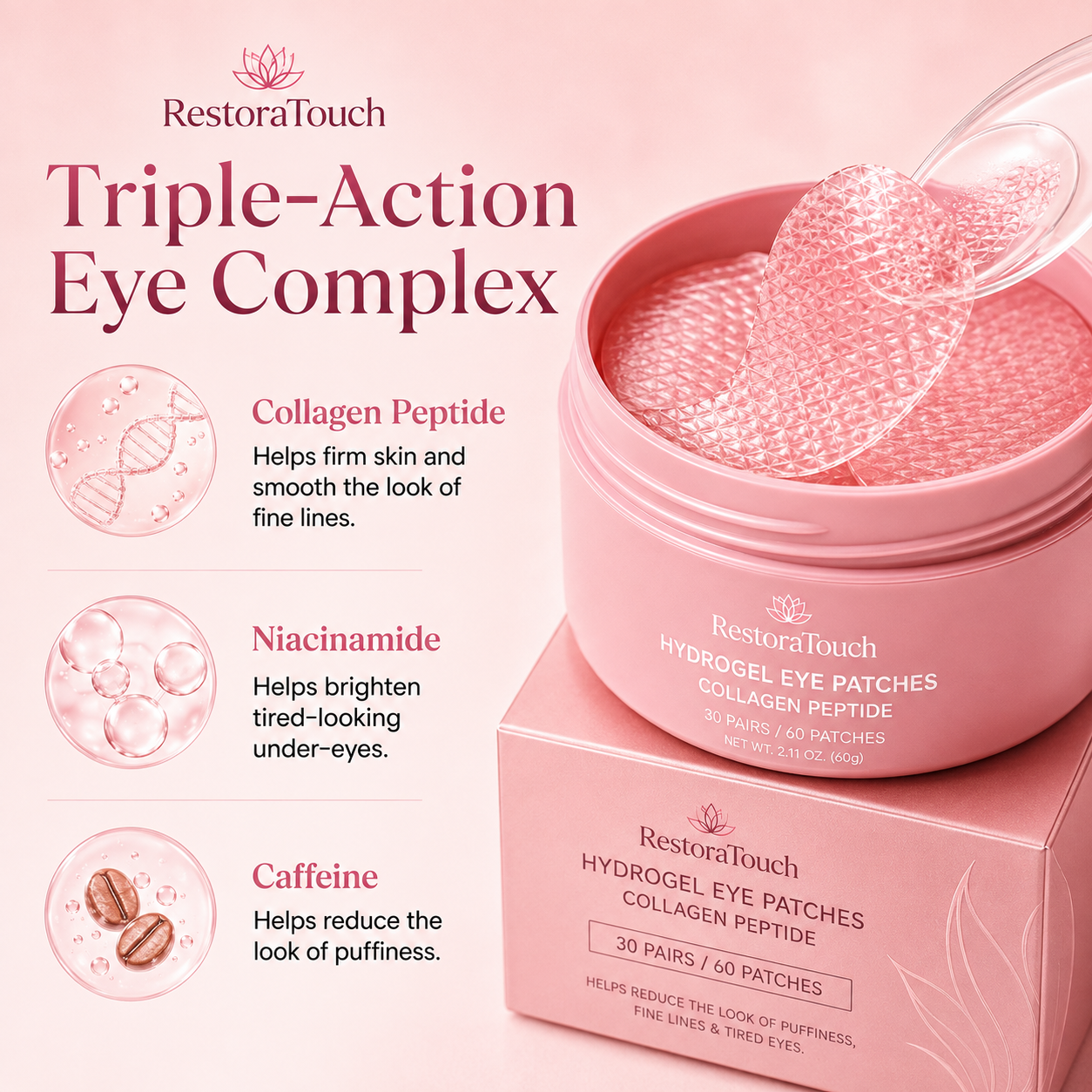 RestoraTouch Hydrogel Eye Patches for Under Eye - Collagen Peptide, Anti Wrinkle & Fine Lines (60 Count)