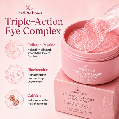 RestoraTouch Hydrogel Eye Patches for Under Eye - Collagen Peptide, Anti Wrinkle & Fine Lines (60 Count)