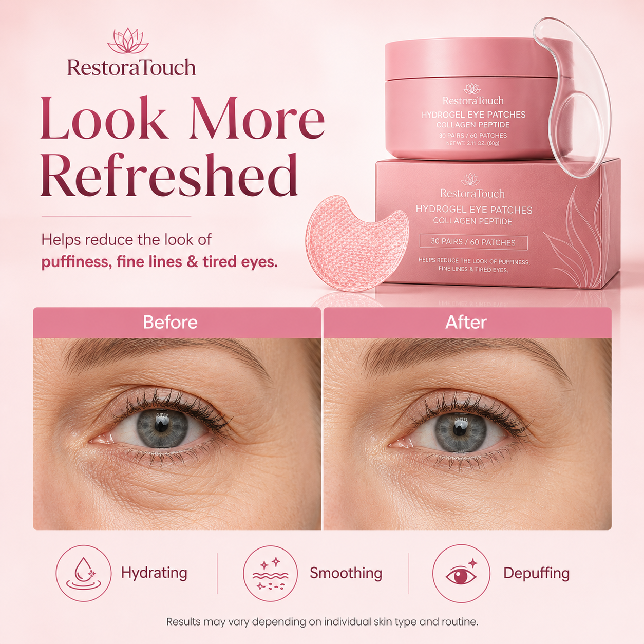 RestoraTouch Hydrogel Eye Patches for Under Eye - Collagen Peptide, Anti Wrinkle & Fine Lines (60 Count)