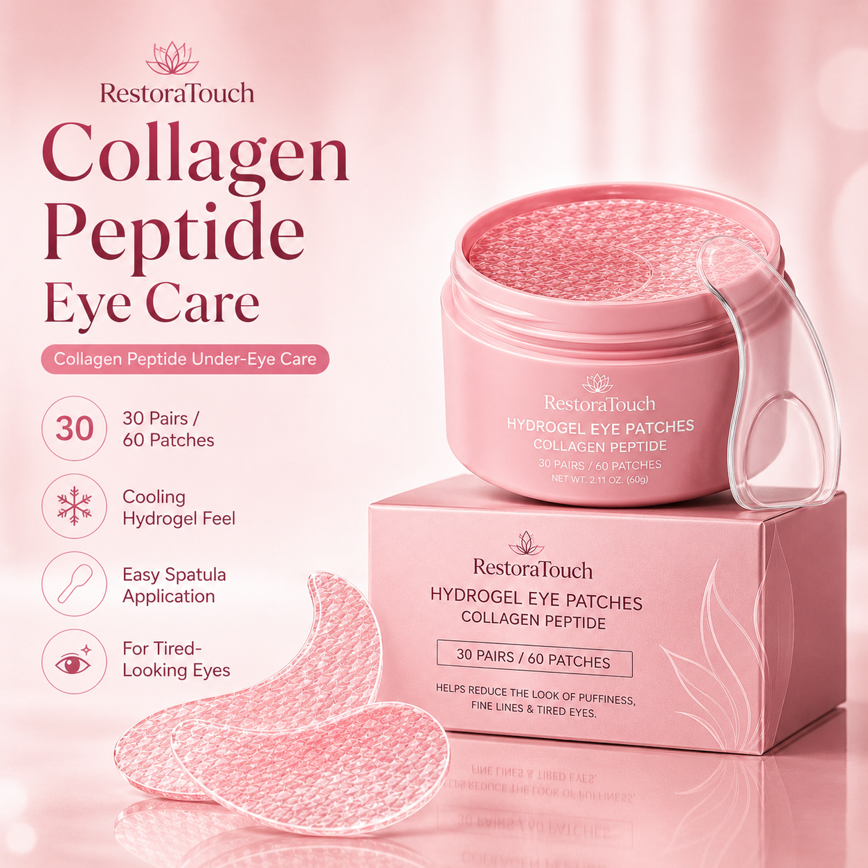 RestoraTouch Hydrogel Eye Patches for Under Eye - Collagen Peptide, Anti Wrinkle & Fine Lines (60 Count)