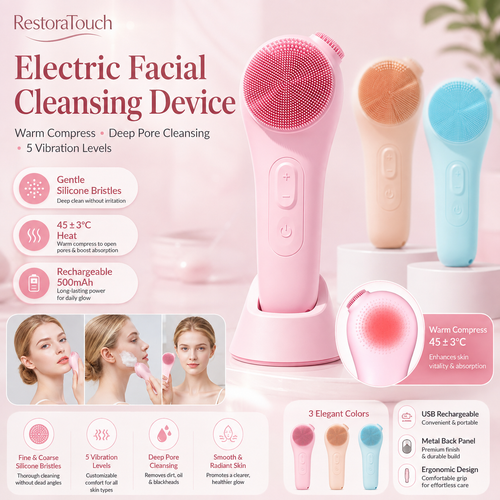 RestoraTouch™ Sonic Facial Cleansing Brush — Heat + Vibration Massage
